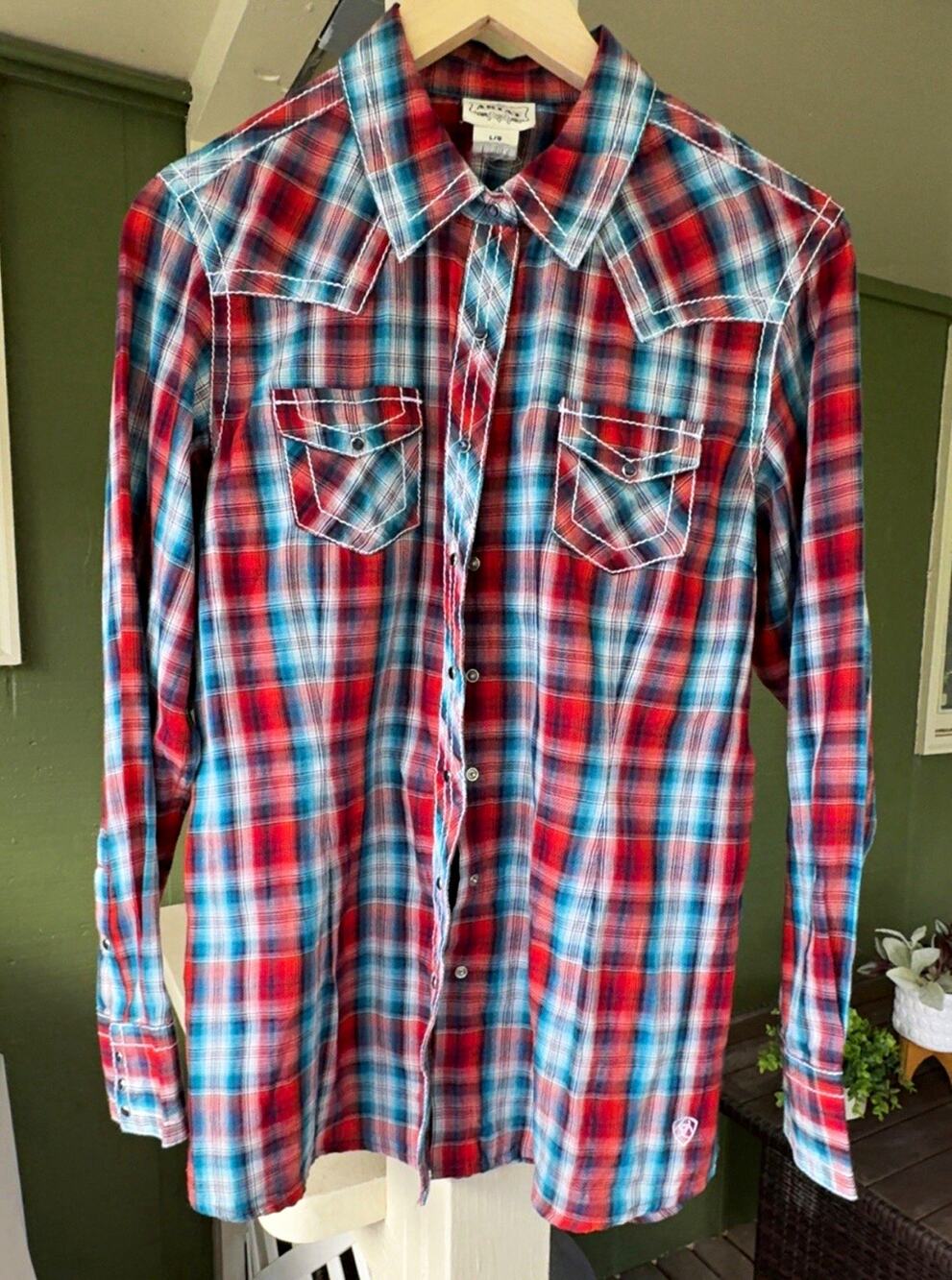 Ariat Women's Plaid Western pearl Snap Long Sleeve Shirt size L
